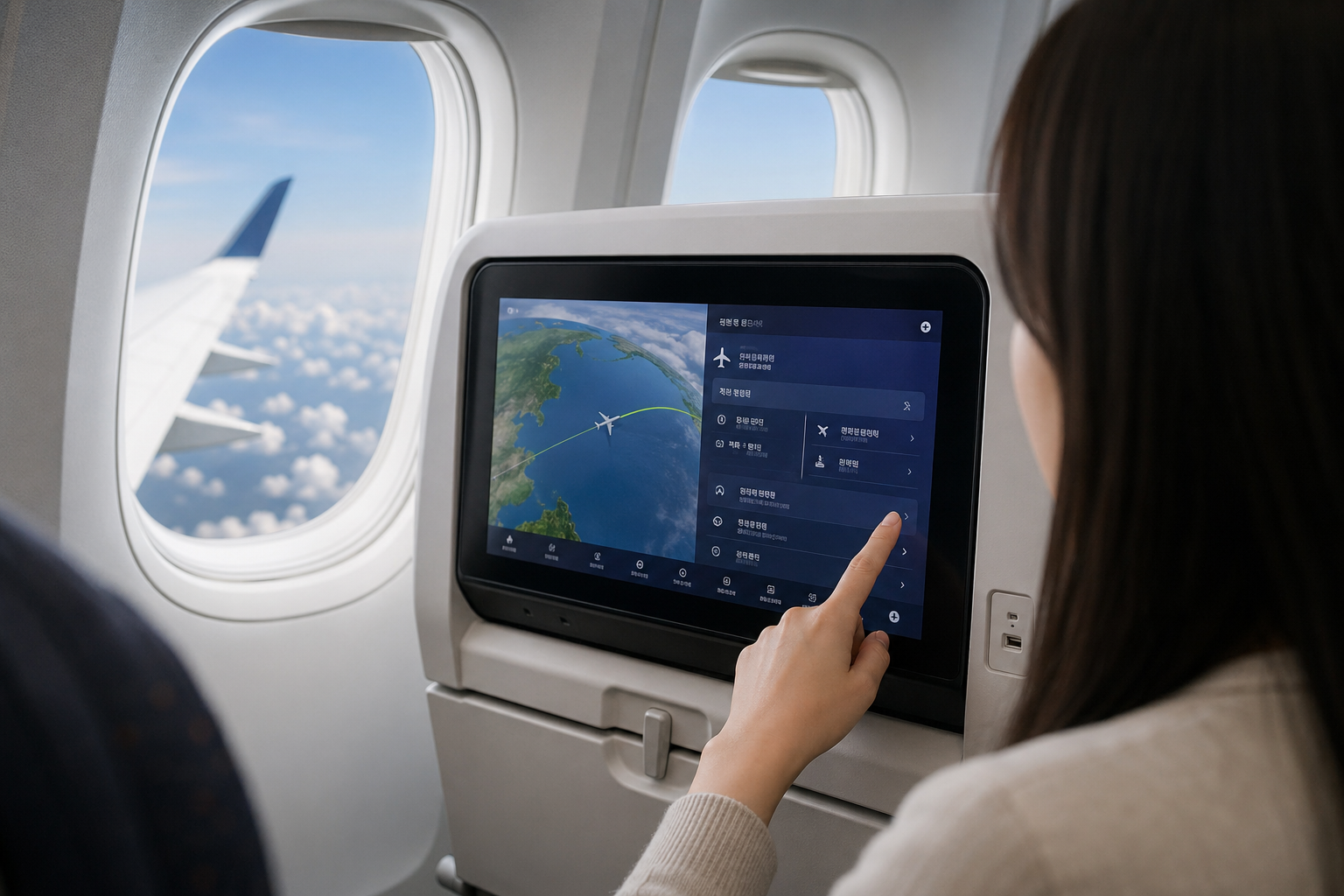 기내 엔터테인먼트 기사 핵심 맥락을 보여주는 이미지 - 이번 변화의 핵심은 IFE 화면을 통해 비행 정보를 손쉽게 확인할 수 있게 하는 데 있다. 항공권 예매부터 공항 체크인, 탑승 후 이동까지 과정...