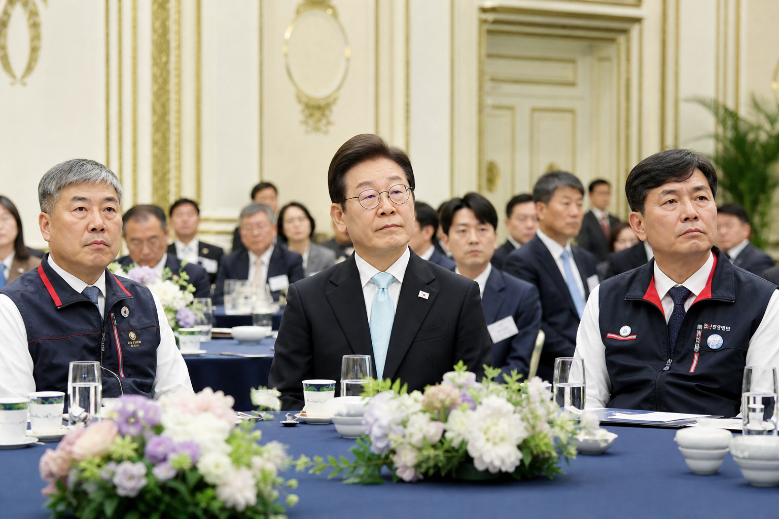 노동절 기념식, 청와대 영빈관, 노사상생 기사 핵심 맥락을 보여주는 이미지 - 청와대 영빈관에서 열린 이날 행사에서는 노동의 생명력을 상징한다는 하늘색과 상아색 넥타이를 착용한 이 대통령을 중심으로, 양대 노총 위원장이 노....